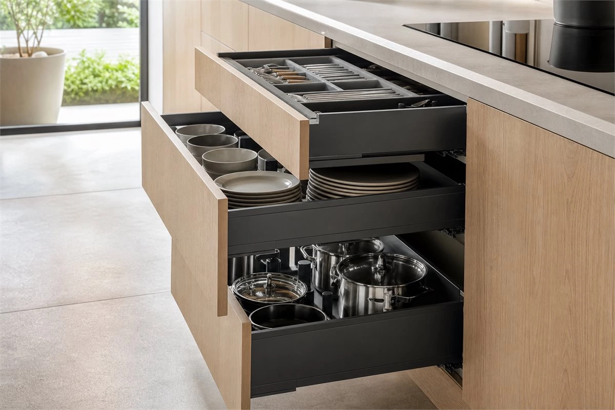Full-extension kitchen drawer slides with organized cookware and dish storage