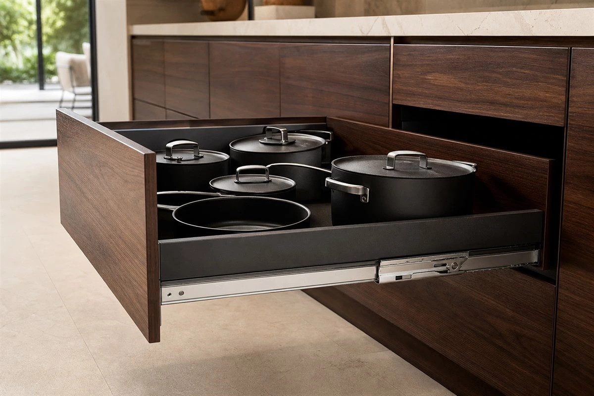Full extension undermount drawer slides supporting a heavy kitchen cabinet drawer Full extension undermount drawer slides supporting a heavy kitchen cabinet drawer