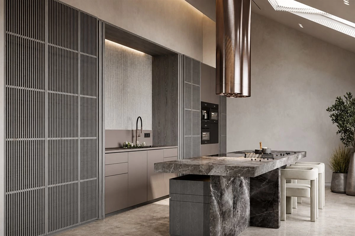 Grey modern kitchen with sloped ceiling Grey modern kitchen with sloped ceiling, textured cabinet doors and stone surfaces