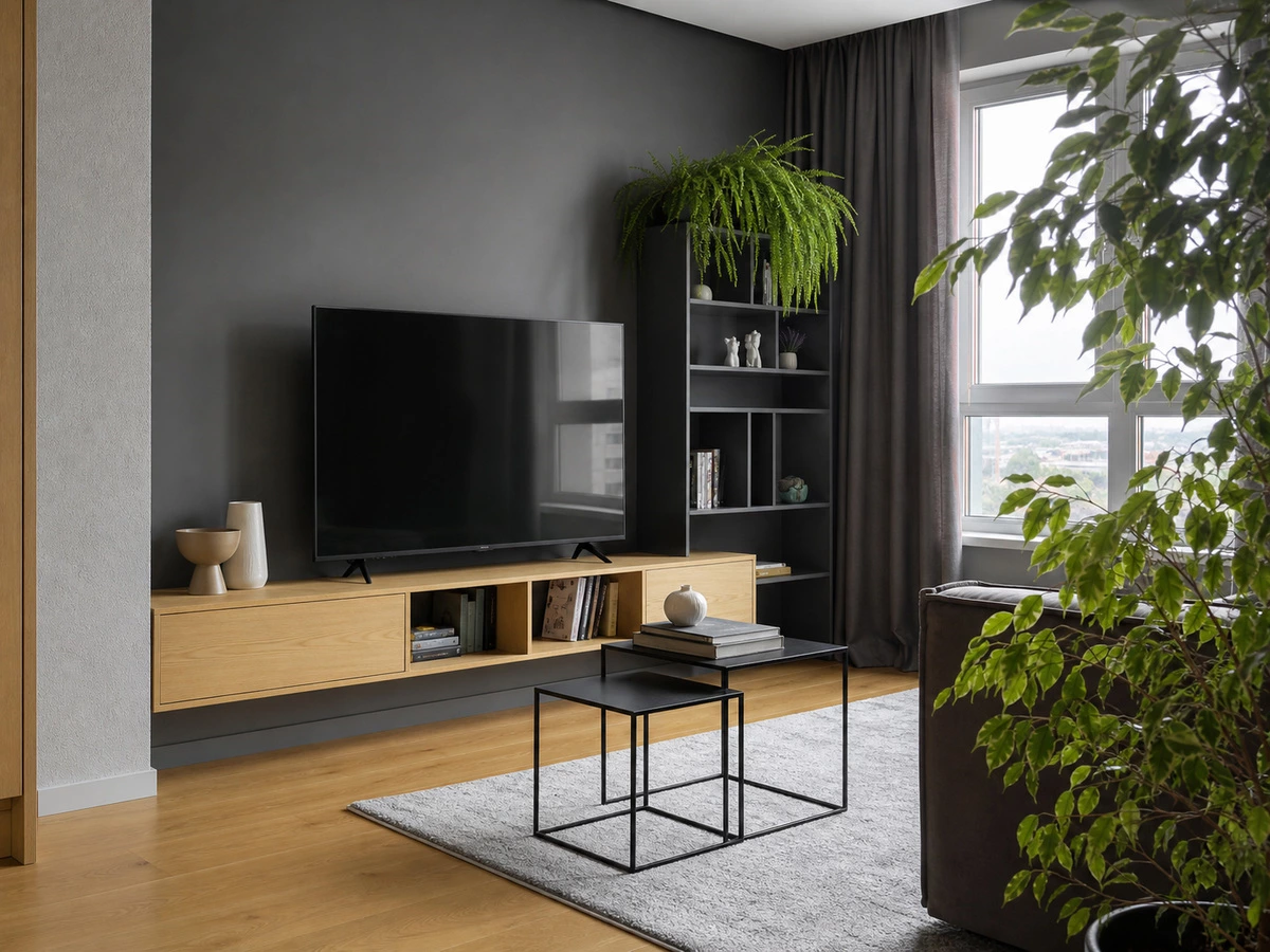 Open TV cabinet storage in the Brasilia apartment living area