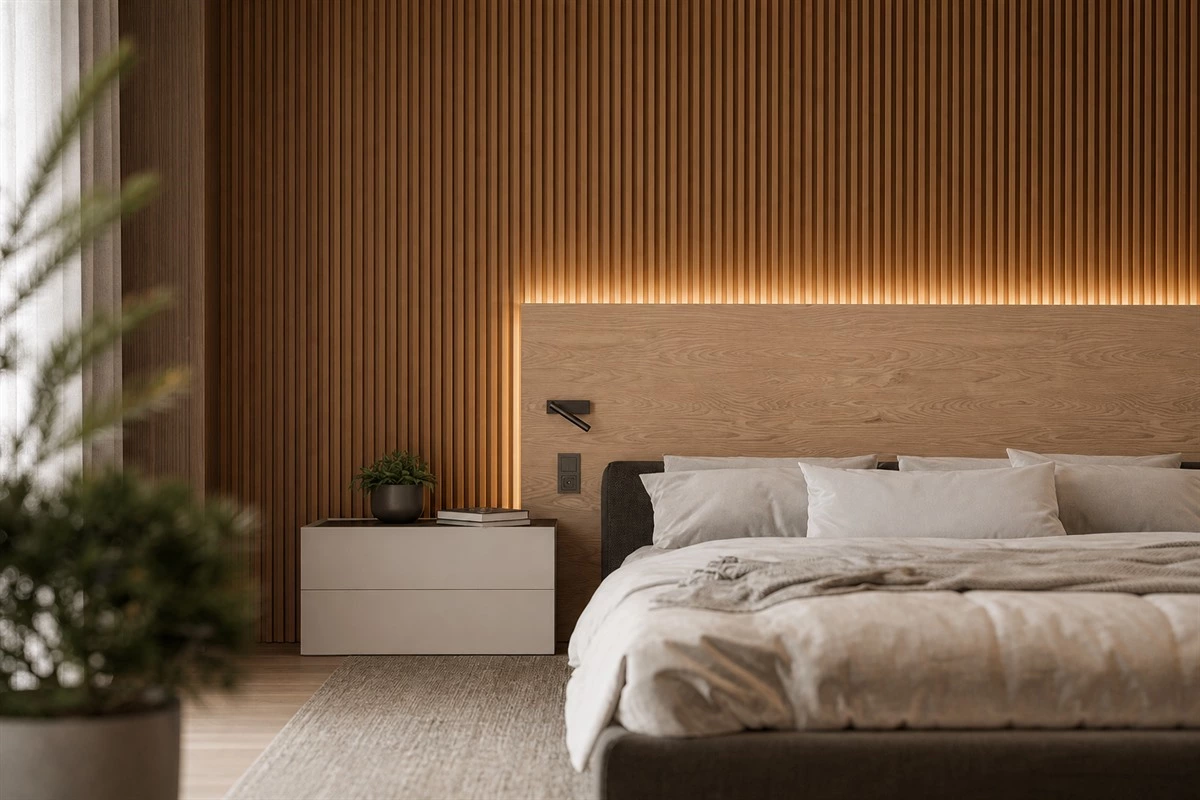 Grooved wall panel in a custom interior
