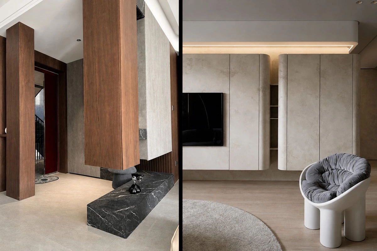 Cantilever cabinet design creating a floating effect in a custom interior