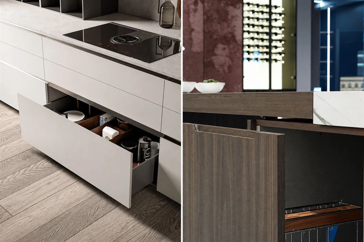 Integrated cutout pulls on minimalist kitchen cabinet doors