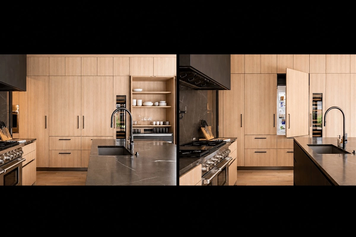 Integrated hidden kitchen storage cabinets for a minimalist interior