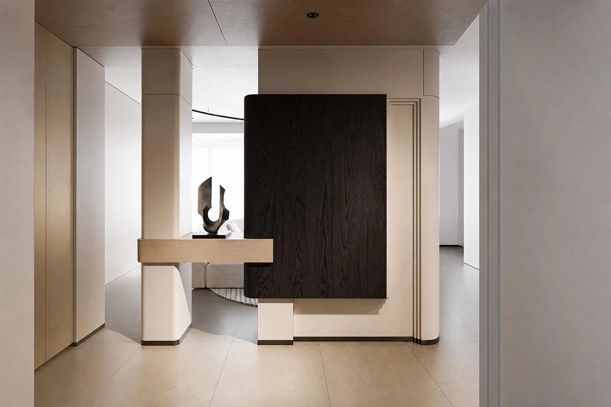 Interweaving cabinet composition with mixed wood and stone finishes