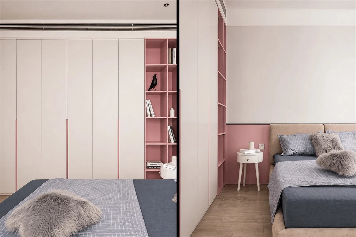 Dual-tone kids bedroom set with floor-to-ceiling wardrobe and display cabinet
