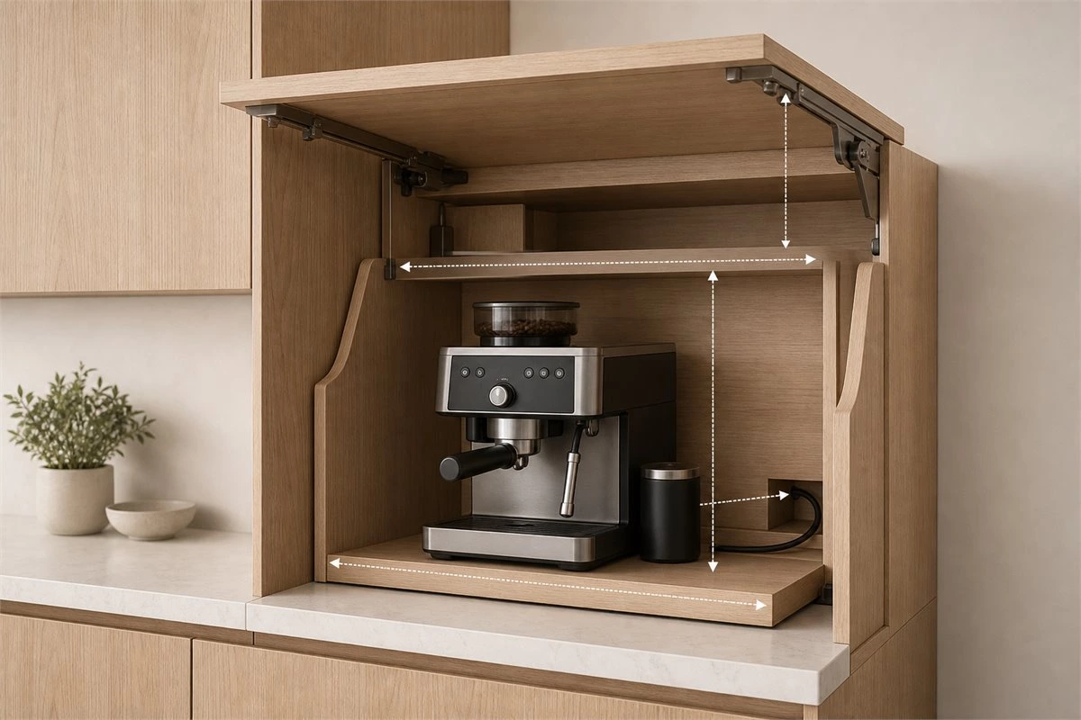 Kitchen appliance garage dimensions and clearance planning diagram