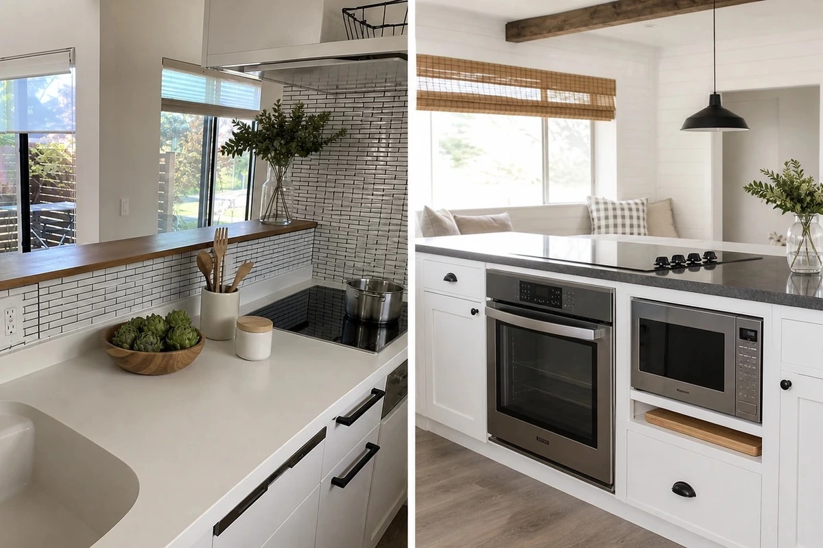 Custom kitchen island with built-in appliances and streamlined cabinetry