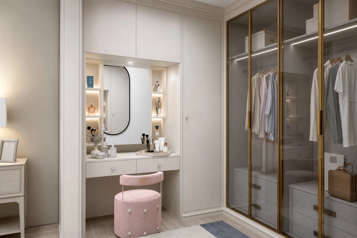 L-shaped dressing room with integrated vanity L-shaped dressing room with glass wardrobe wood finish and integrated vanity
