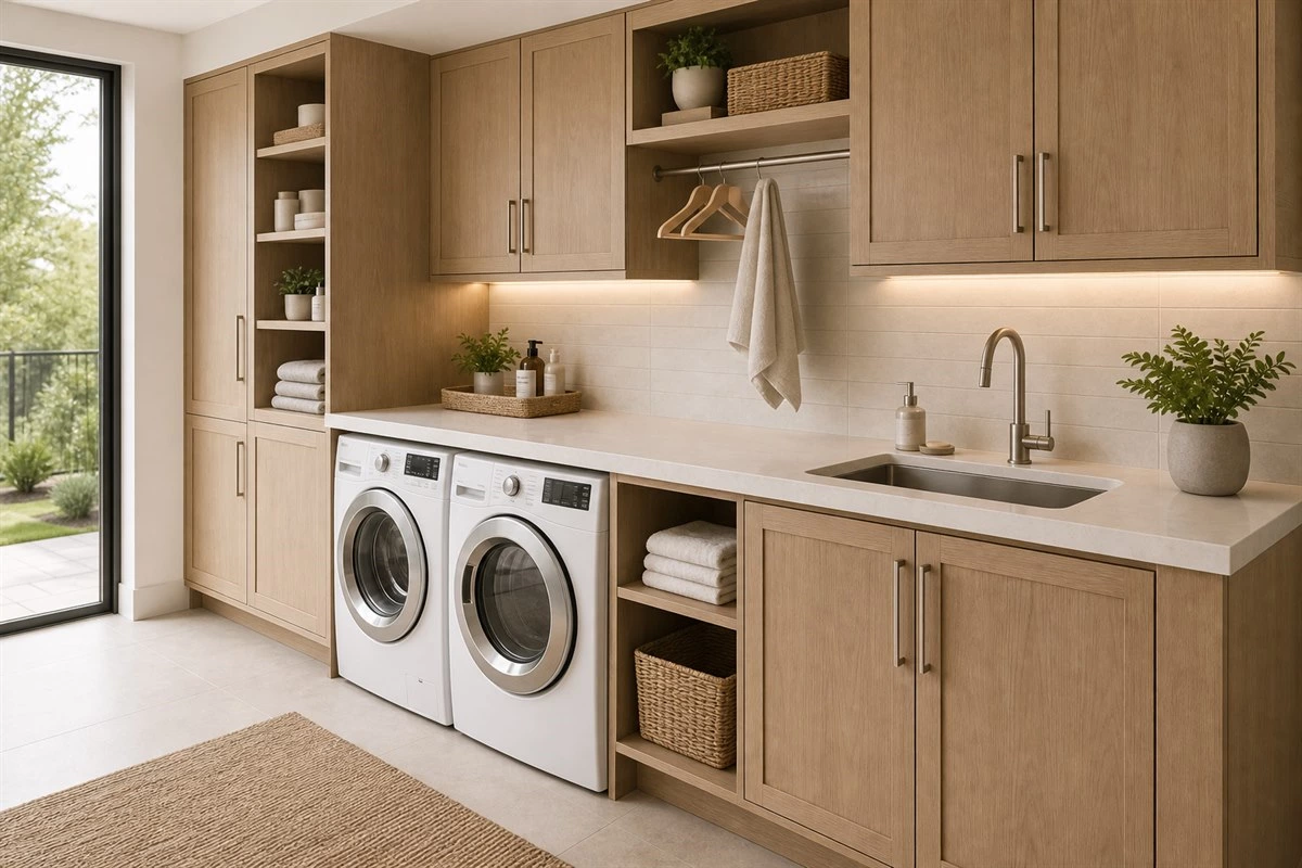 custom laundry room cabinets with countertop sink and appliance integration