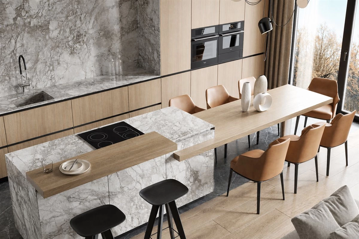 Light wood kitchen cabinets with veined stone island and backsplash