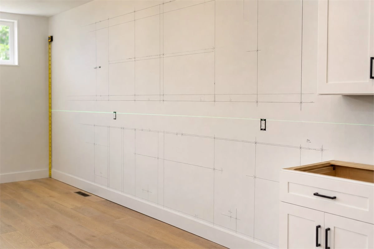Kitchen wall with marked cabinet reference lines level marks and planned installation positions