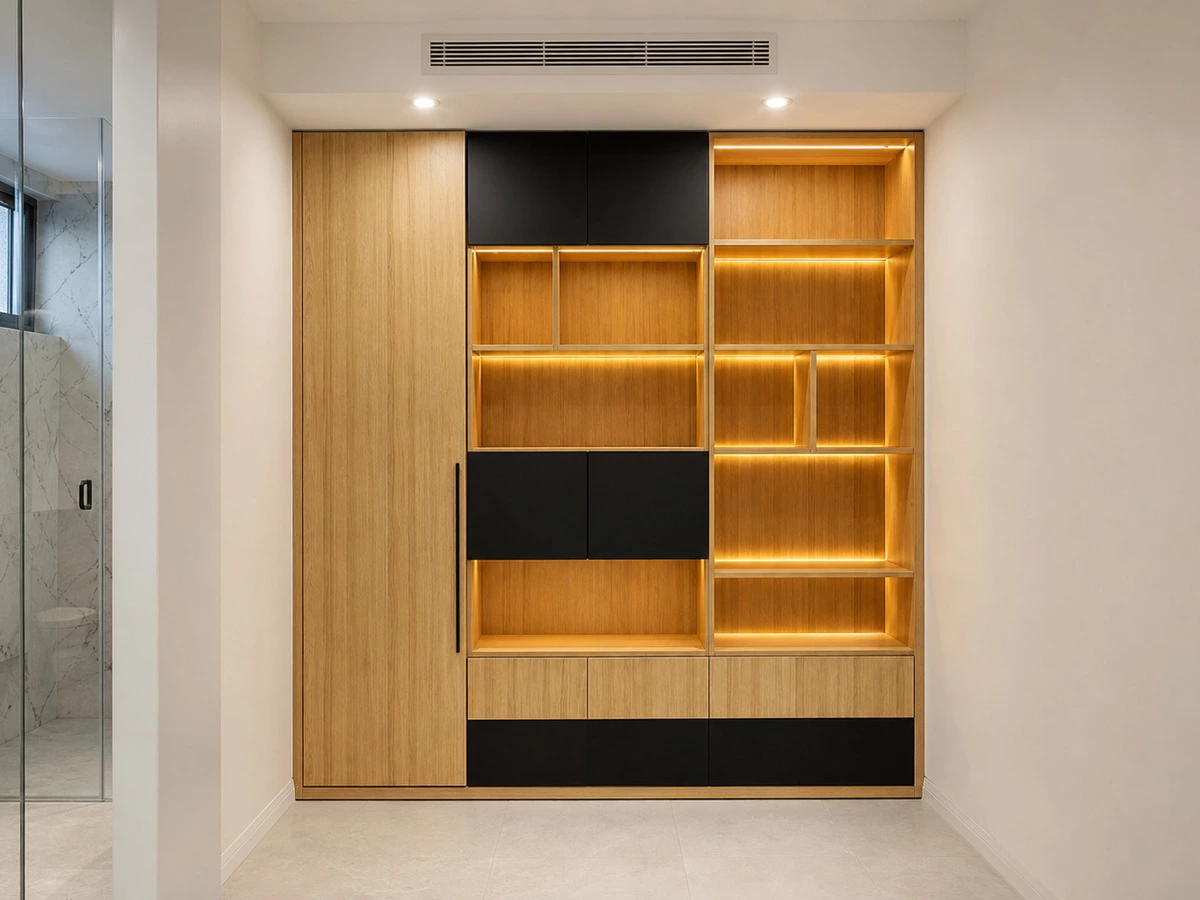 Light wood cabinet surface with integrated lighting in the Sydney villa