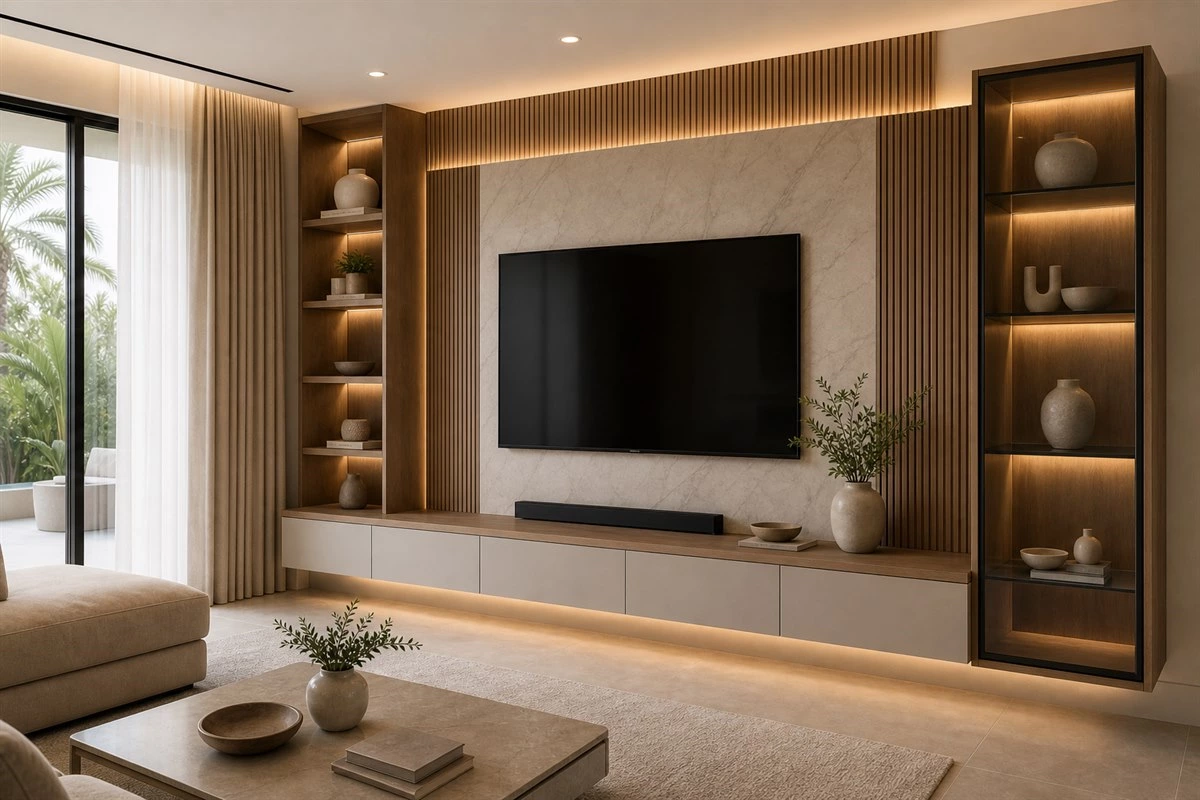 modern custom TV wall cabinets with wall panels lighting and display shelves