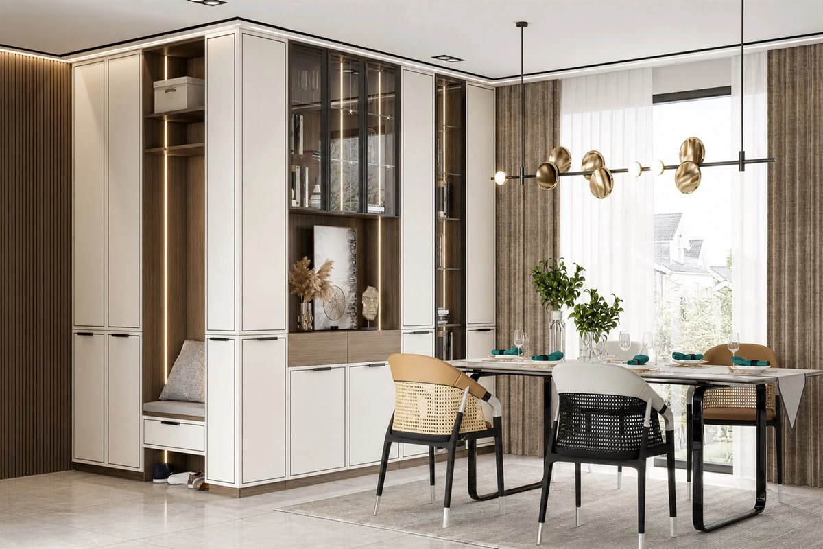 Modular entryway and dining sideboard Modular custom dining sideboard connected to entryway storage