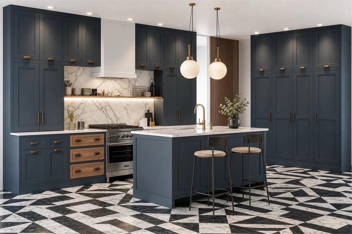 Morandi L-Shaped Kitchen Island Design Morandi color L-shaped kitchen with an integrated cabinet island