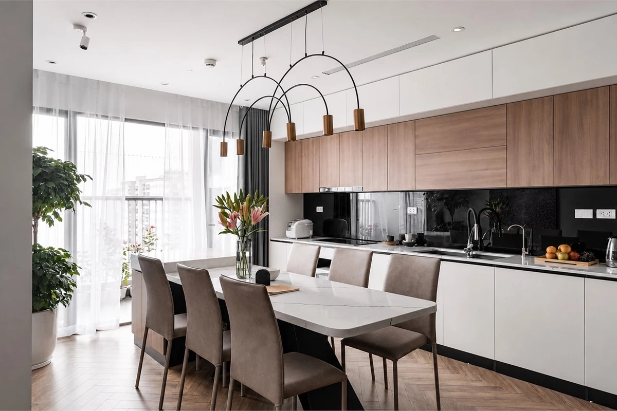 Neutral minimalist kitchen color palette with light cabinet finishes and natural textures
