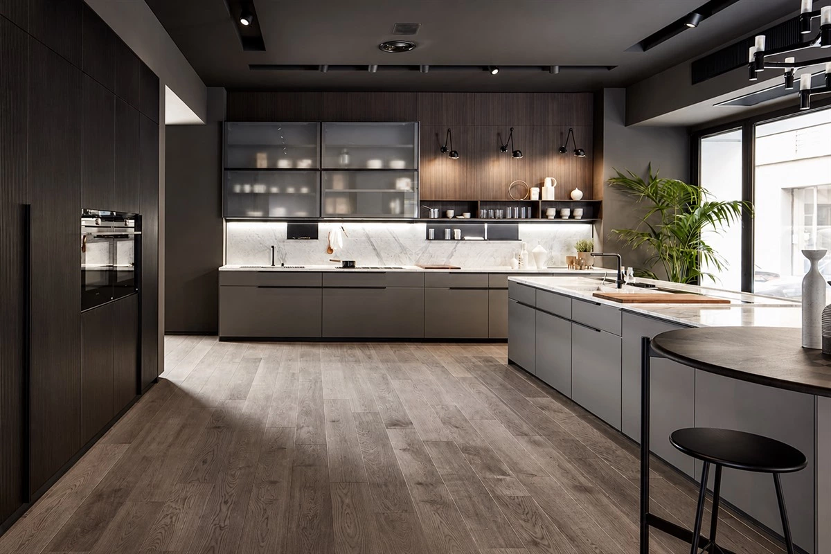 Open-plan kitchen island connecting cooking and living spaces