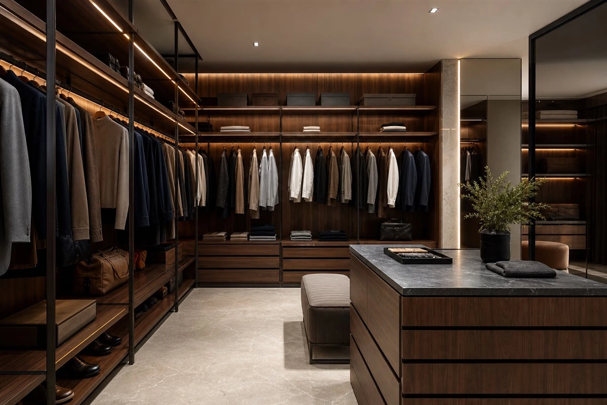 Open walk-in closet storage with wood shelves and hanging clothes