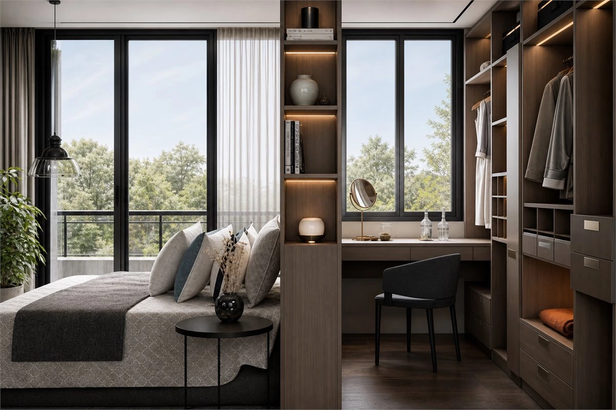 Partition walk-in closet design behind bedroom storage wall