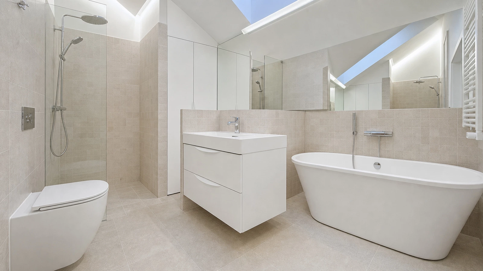 Small white bathroom vanity against a linen-colored backdrop