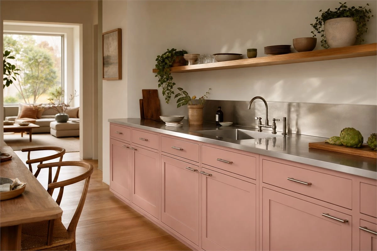 Warm pink kitchen cabinets paired with smooth stainless steel countertops