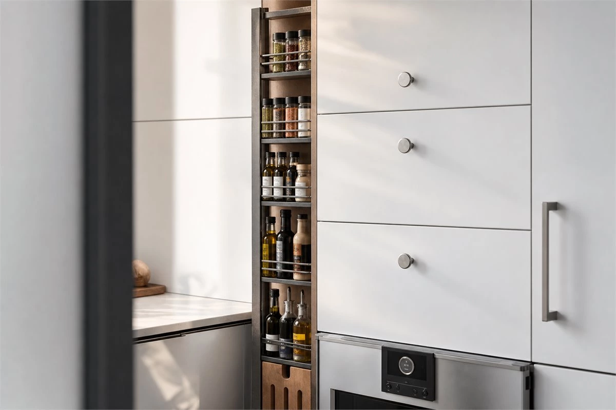 Pull-out spice rack kitchen cabinet with bottles and condiments