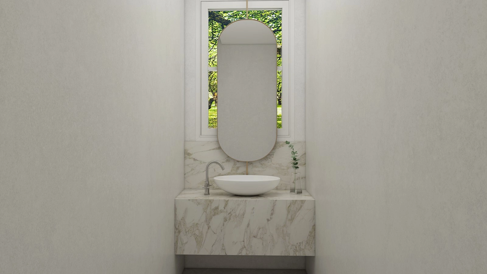 High-end resort powder room vanity and storage detail