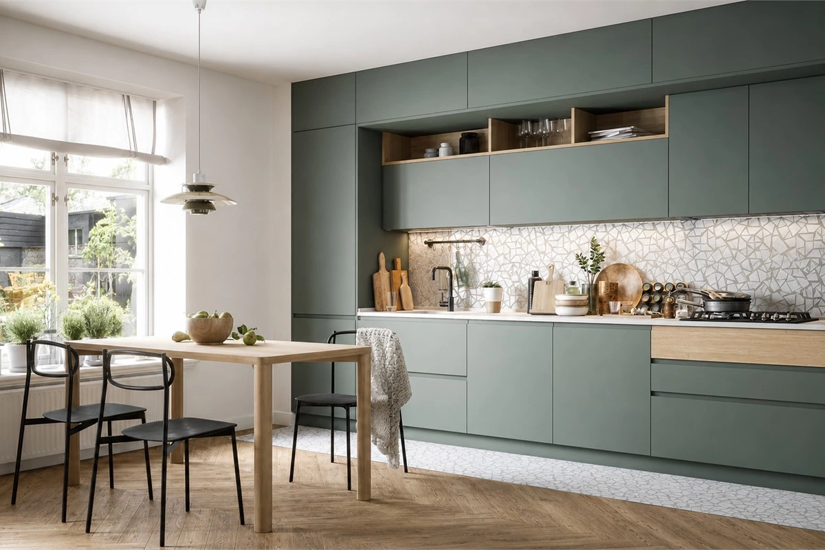 Sage green handleless kitchen cabinets with light wood and linear storage layout