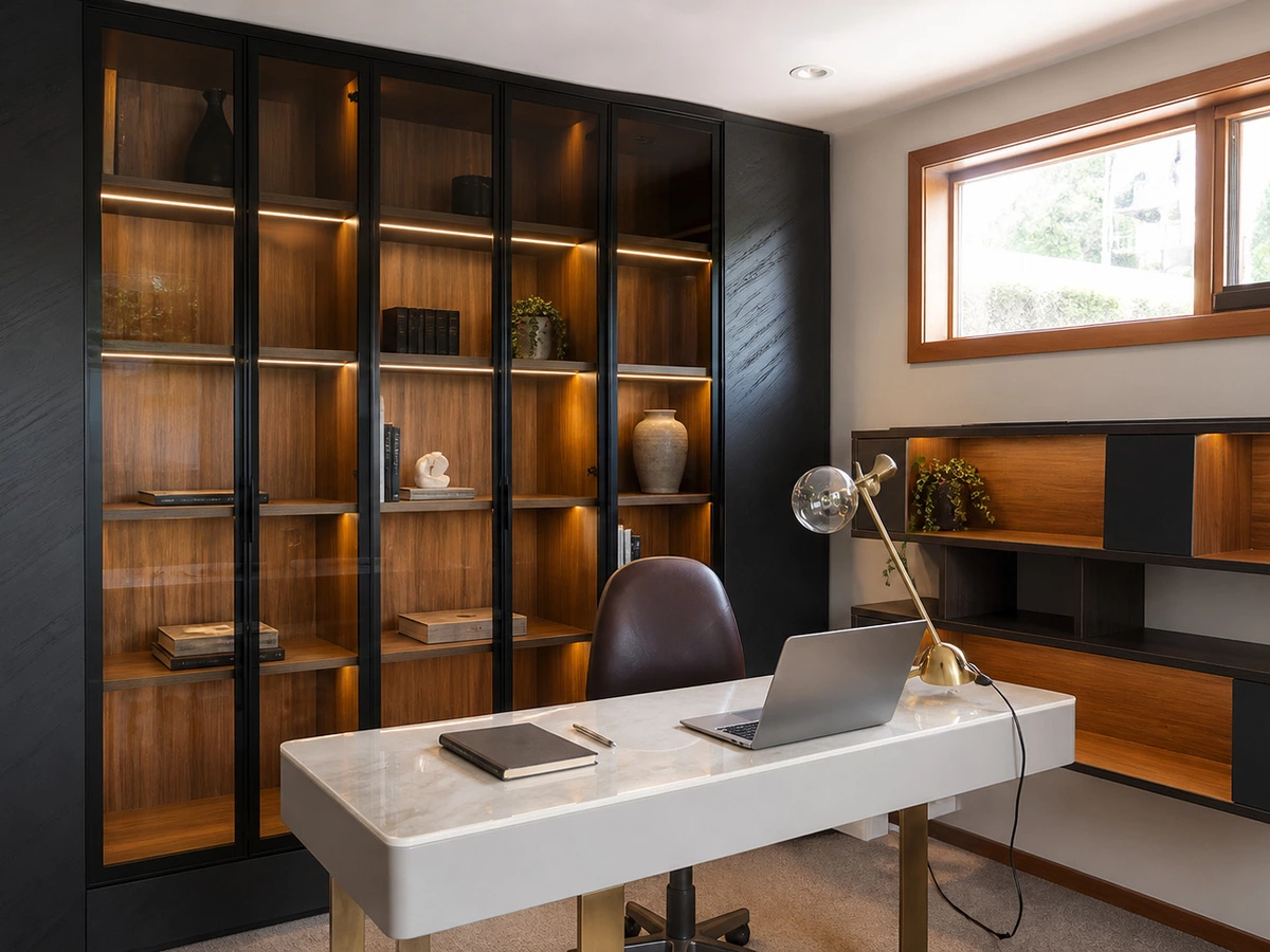 Glass-front living room display cabinetry with interior lighting