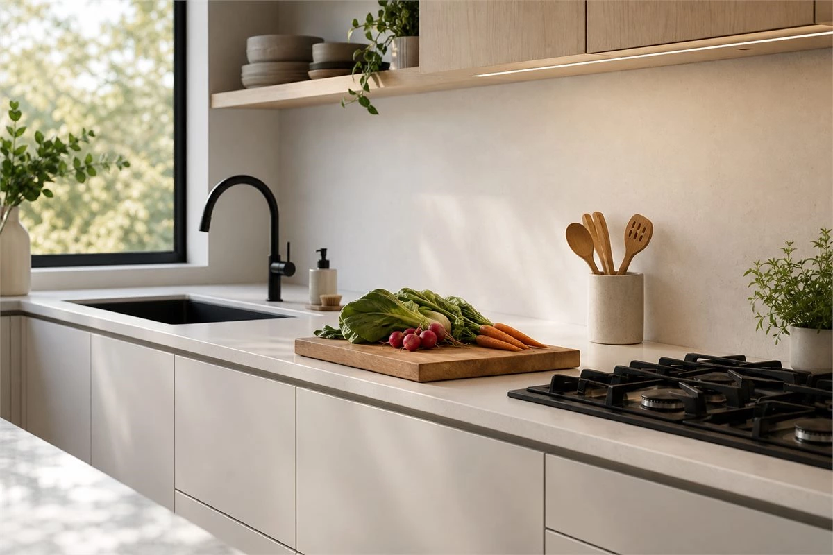 Kitchen preparation zone between sink and cooktop