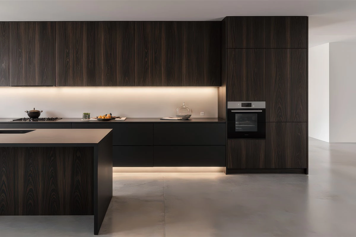 Smoked wood kitchen feature wall with full-height cabinetry