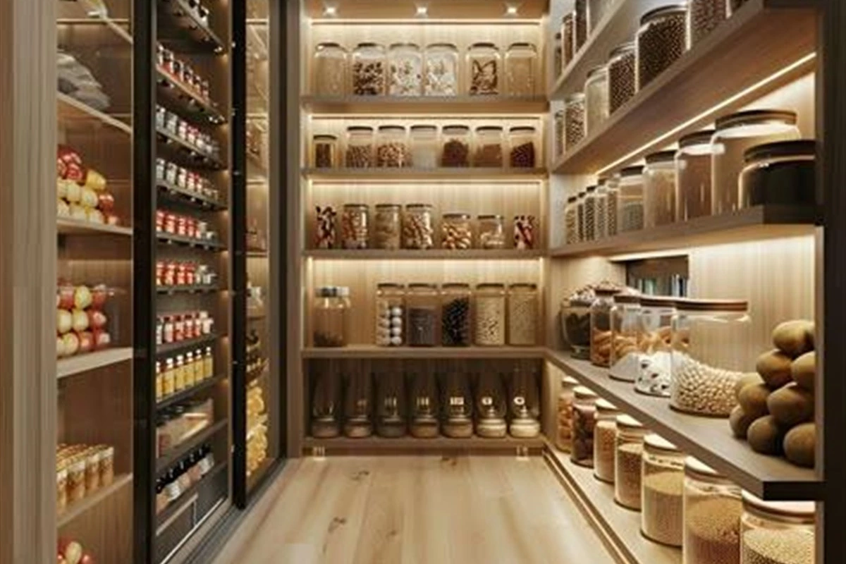 Organized tall kitchen cabinet with pantry zones and shelves