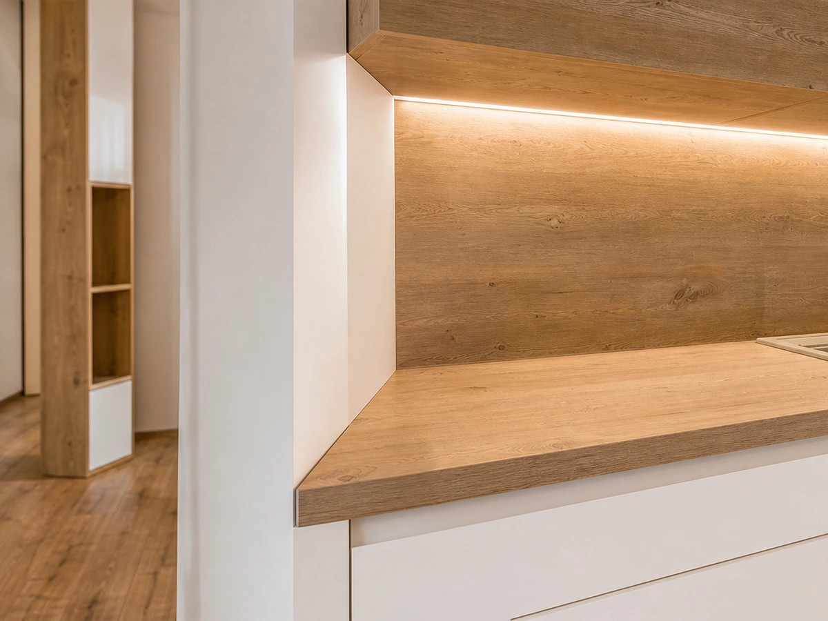 Bevel edge detail beside a tall kitchen storage cabinet in a Sofia home