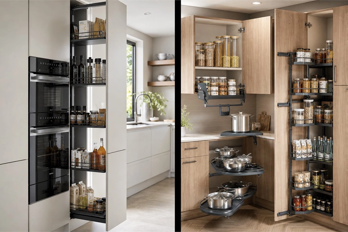 Tall pull-out pantry cabinet with vertical kitchen storage