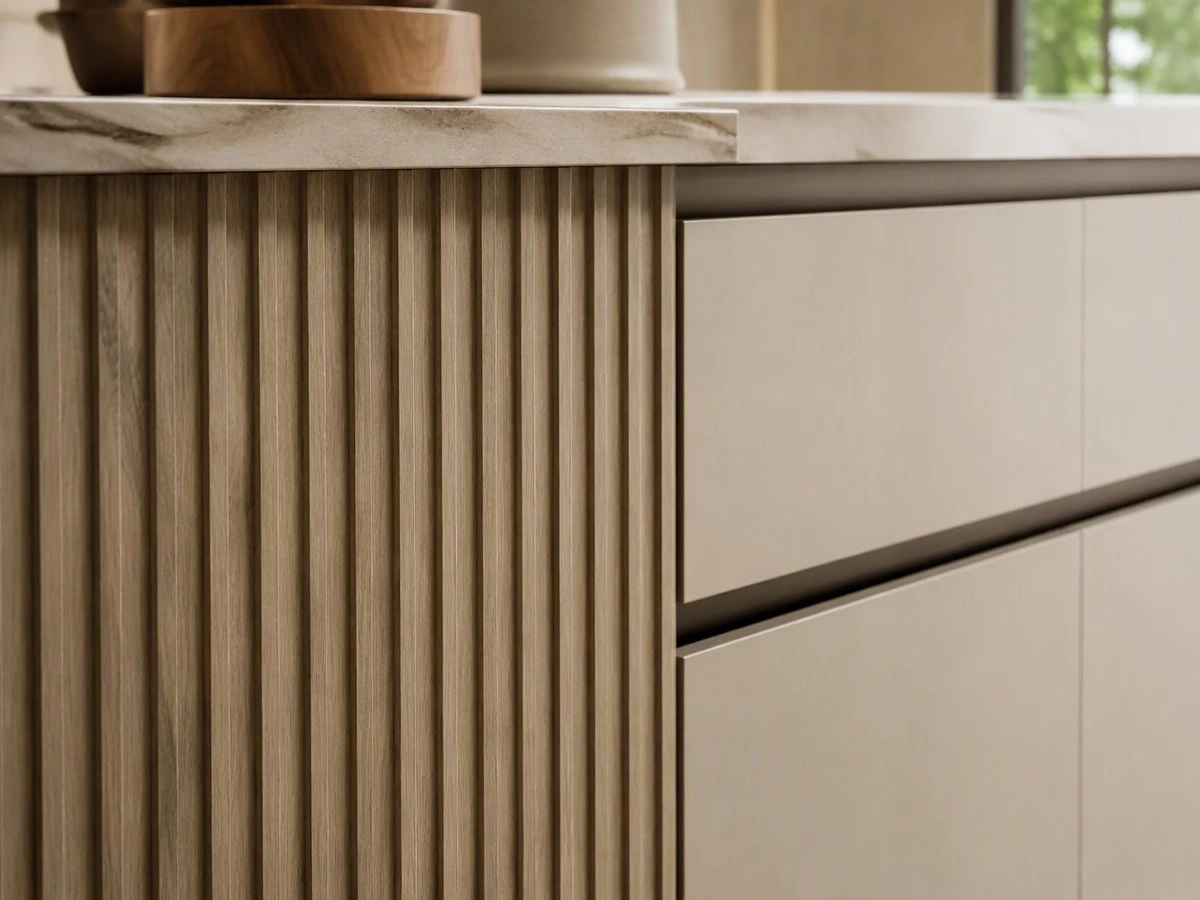 Textured cabinet door and integrated pull detail for modern kitchen cabinetry