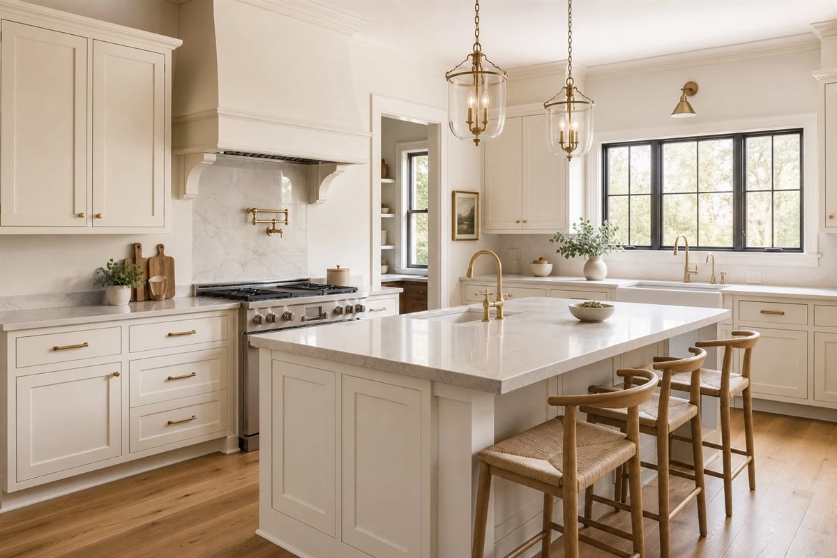 Timeless cream Shaker kitchen cabinet doors with brass hardware