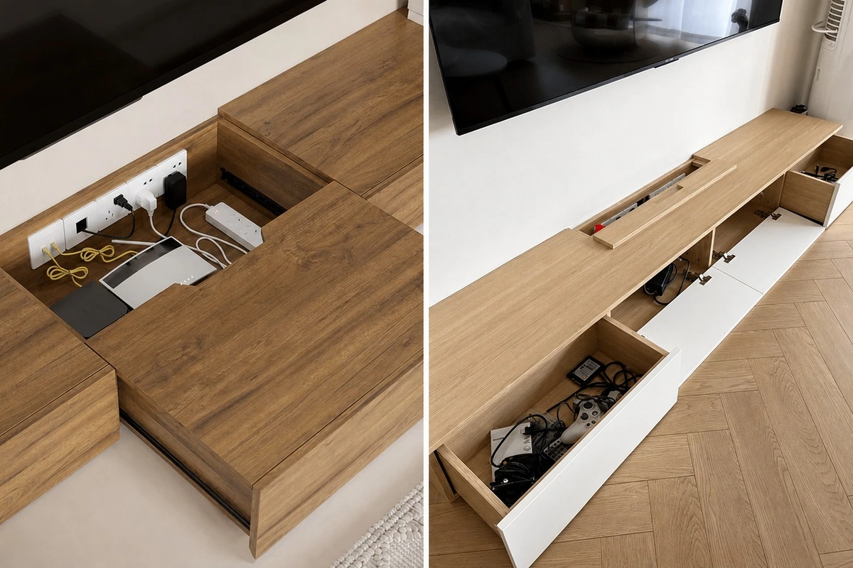 TV cabinet drawer for remotes books toys and living room storage