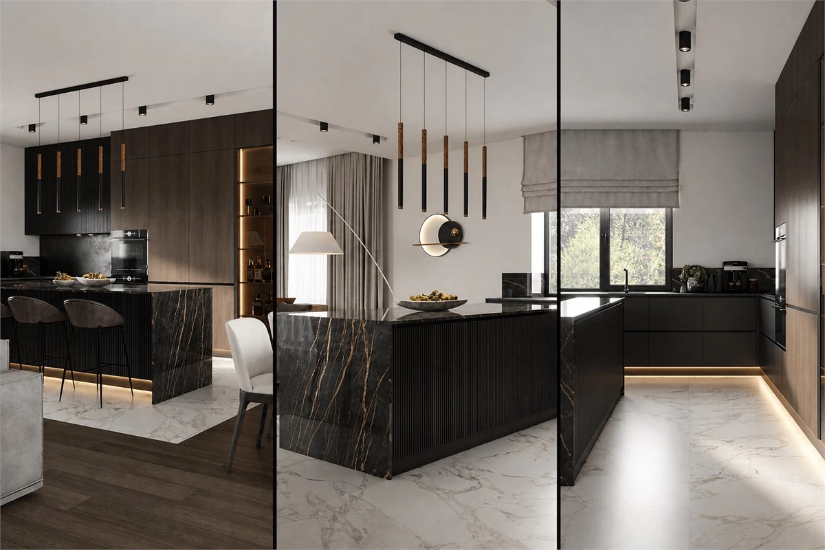 Urban walnut and black kitchen cabinets with glass display cabinet waterfall island and integrated lighting