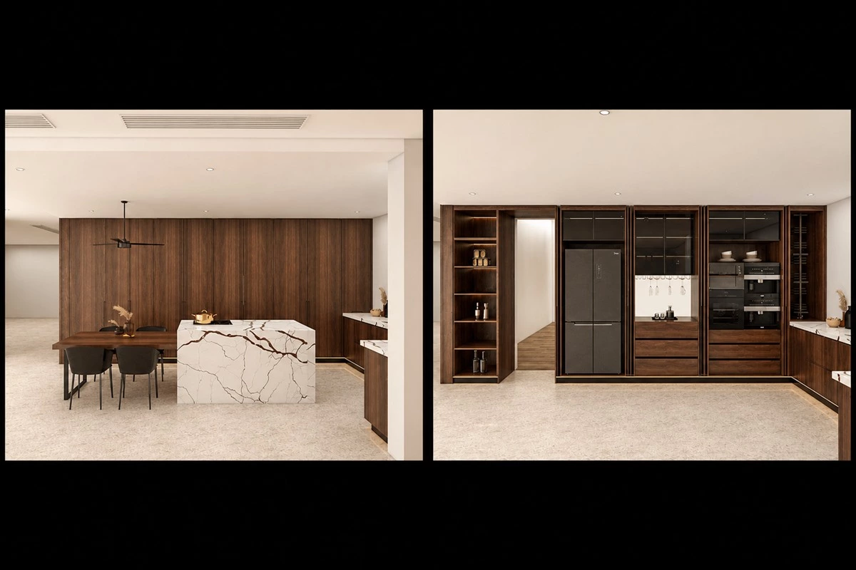Open concept designer kitchen with walnut panelled doors and sintered stone