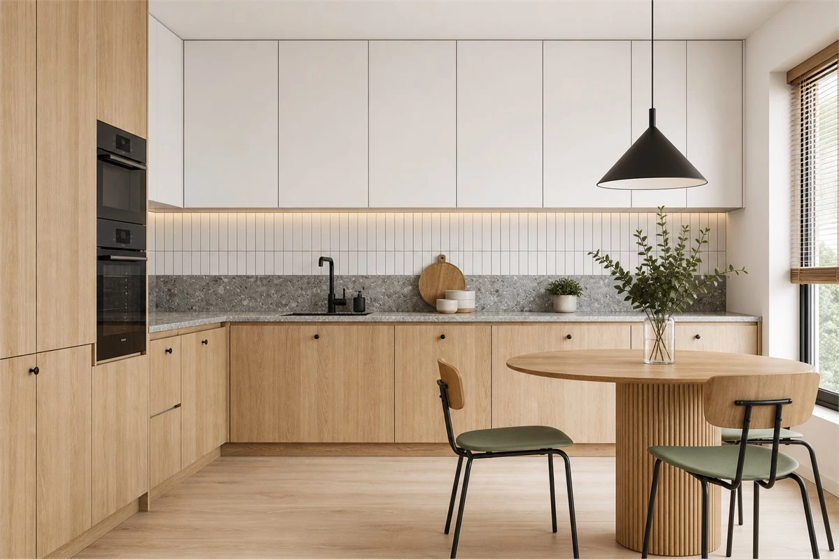 Warm oak L-shaped kitchen with matte cabinets and practical storage