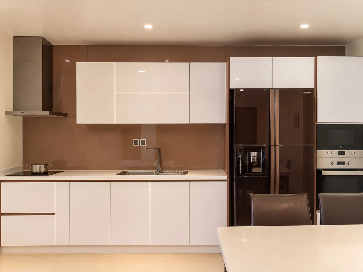 Appliance wall and organized storage with white lacquer kitchen cabinets