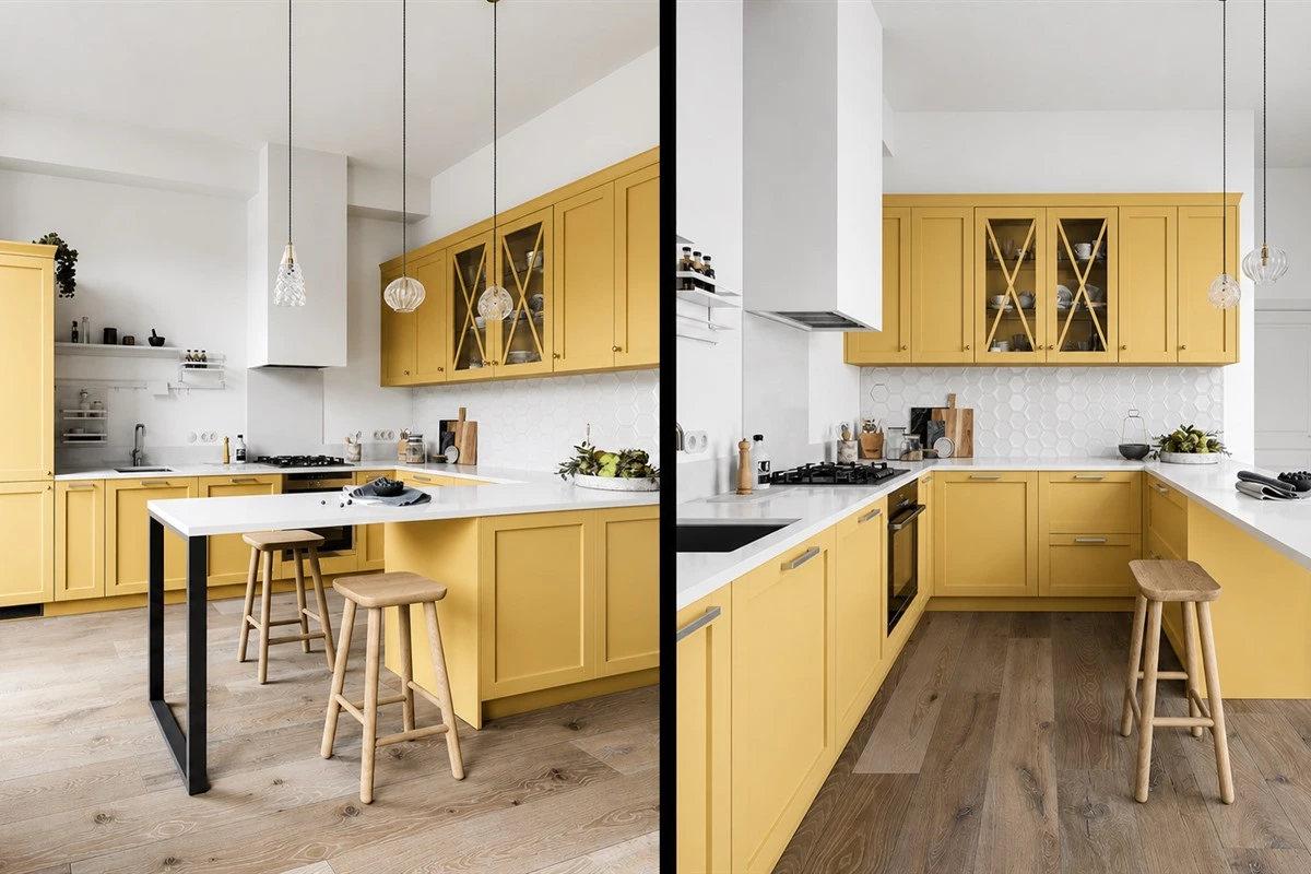 Yellow Shaker cabinets in a small U-shaped kitchen with white tile backsplash
