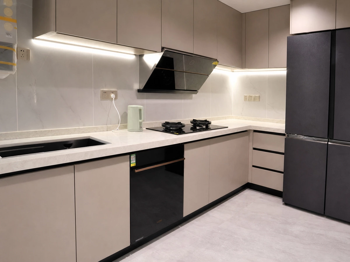 Inner Chinese-style cooking kitchen with practical cabinet storage