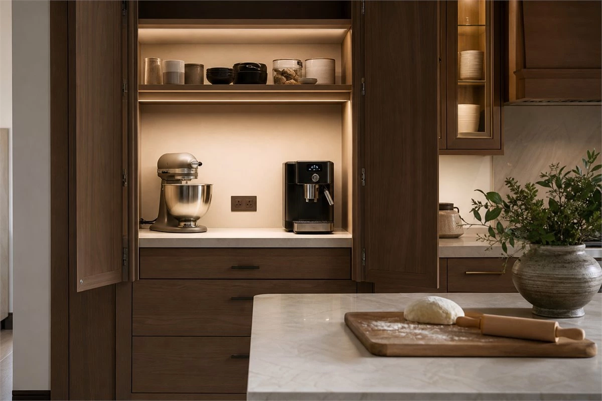 Built-in appliance garage and baking station with concealed kitchen storage