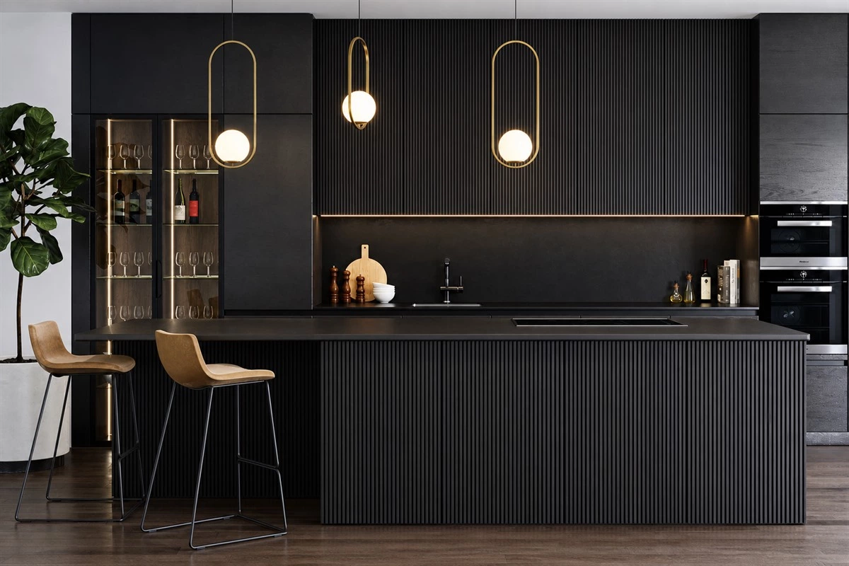 Modern black kitchen with contrasting light countertop and premium finishes