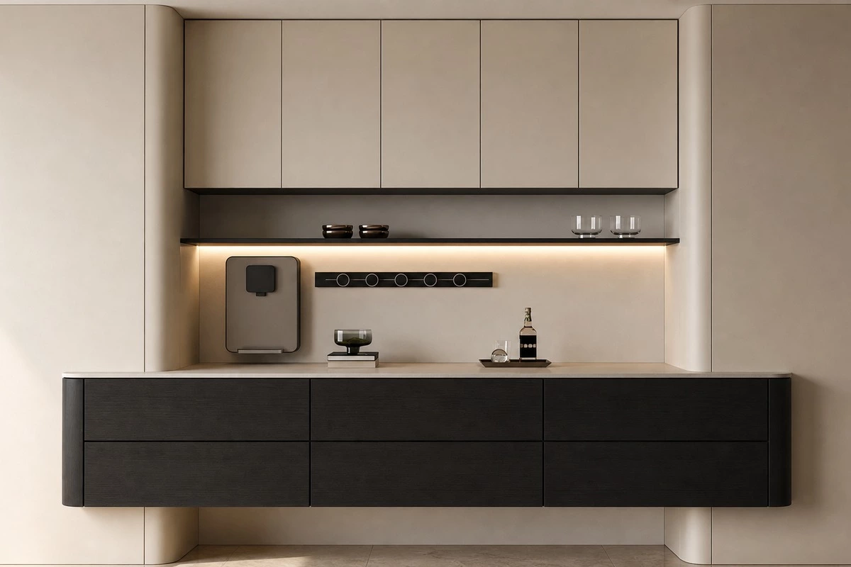Black and white framed storage cabinet with visual contrast