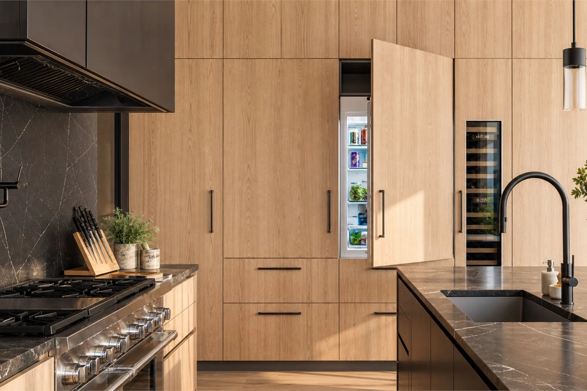 Built-in kitchen appliances with integrated cabinet storage