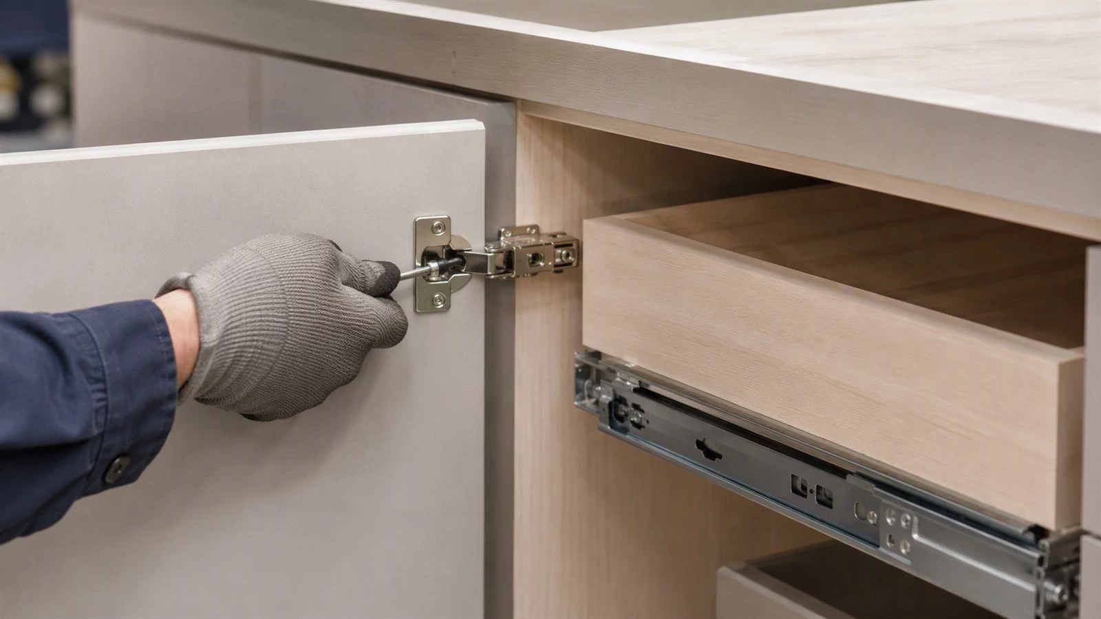 Kitchen cabinet hardware inspection showing hinge adjustment, undermount drawer slide, and labelled hardware schedule
