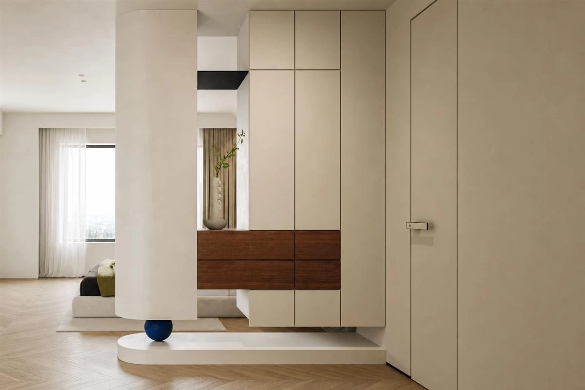 Cantilevered custom cabinet with a floating modern silhouette